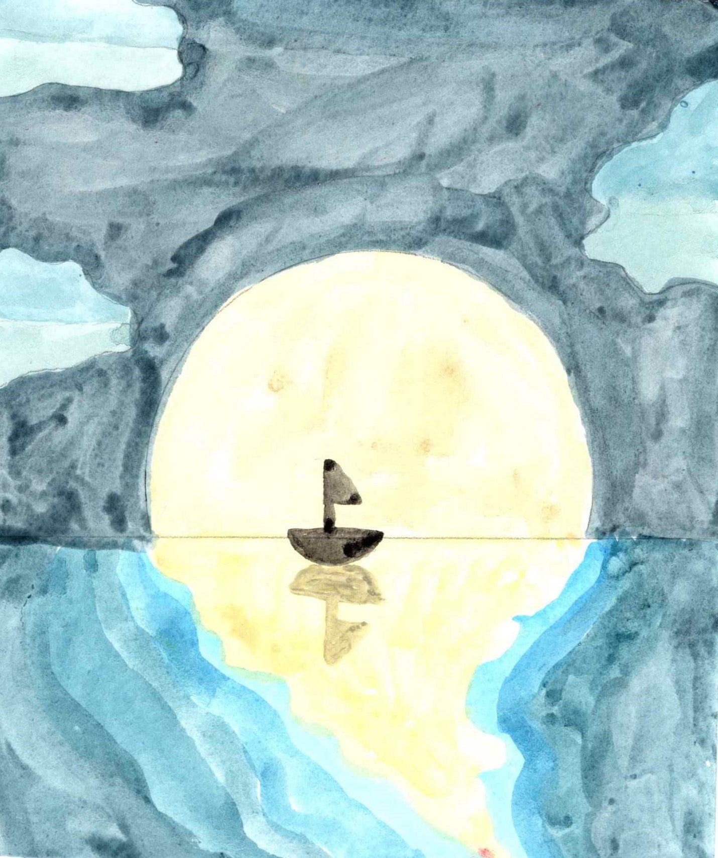 Moonlight Sailboat Watercolor Print – Minimalist Nautical Wall Art, Peaceful Ocean Night Scene