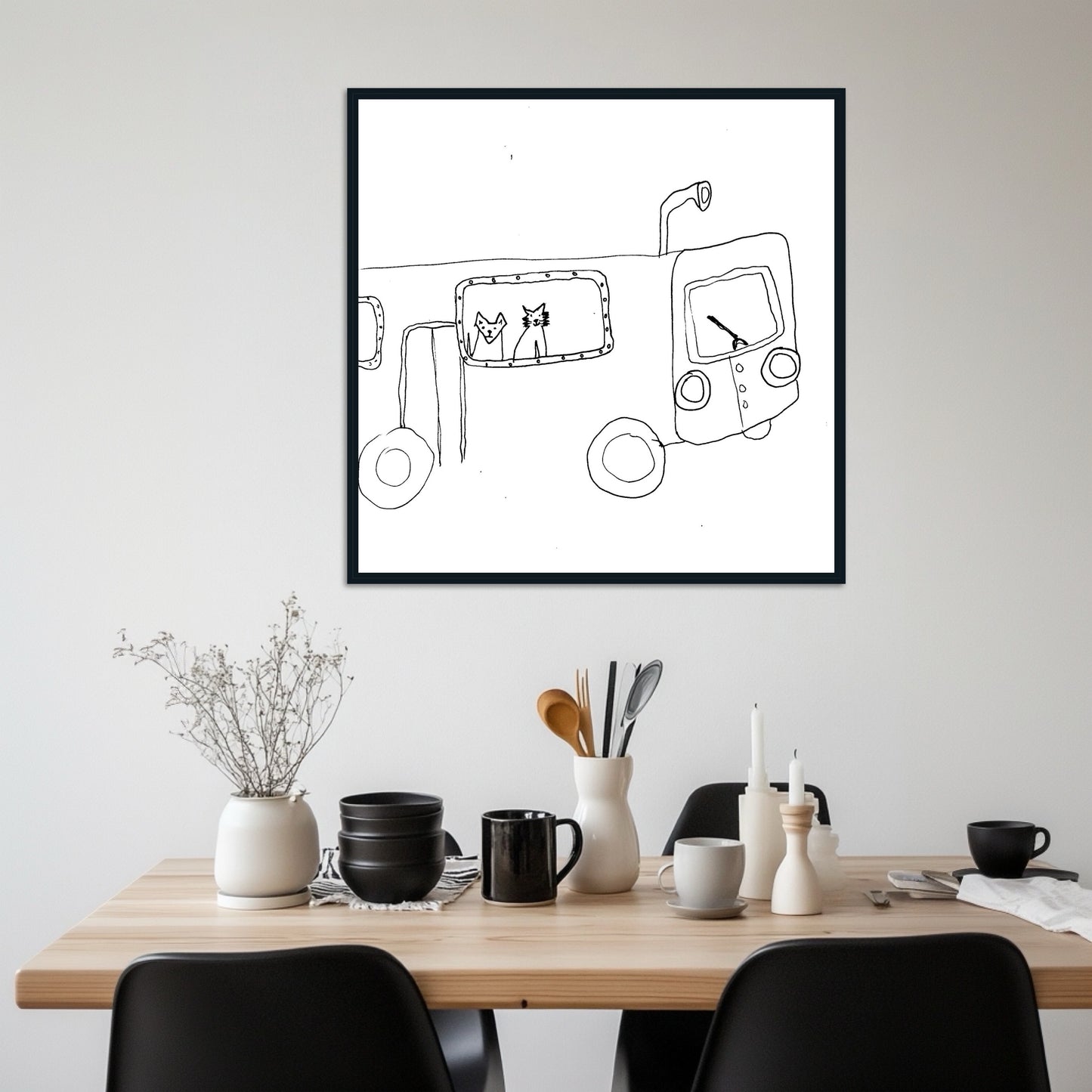 Whimsical Cat Bus Art Print – Quirky Hand-Drawn Cat Illustration, Minimalist Line Art, Animal Lovers Wall Decor