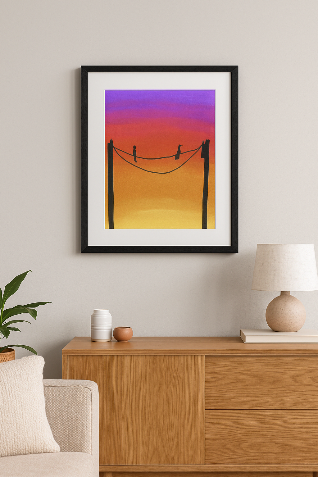 Birds on a Wire Sunset Print – Vibrant Silhouette Wall Art, Purple Orange Sky Decor