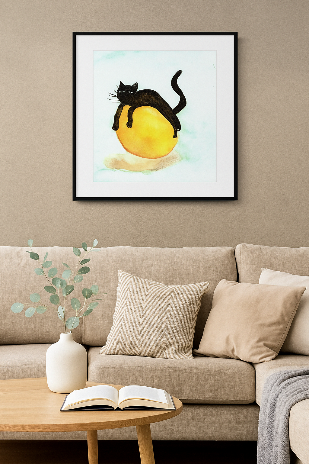 Whimsical Black Cat Art Print – Cute Cat Watercolor Wall Decor – Lemon Cat Painting – Funny Animal Art – Playful Cat Illustration