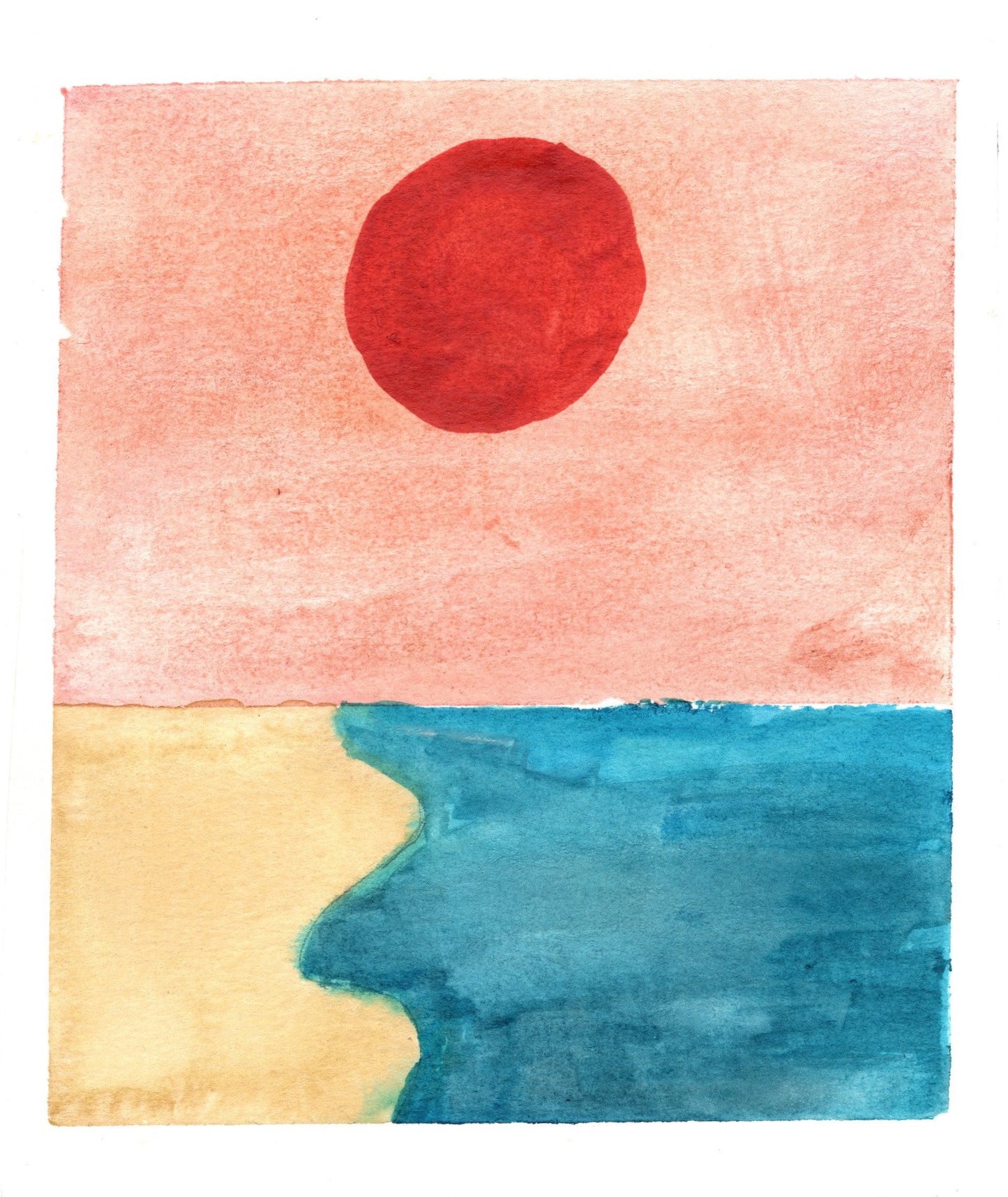 Minimalist Coastal Sunset Print, Abstract Ocean Wall Art, Boho Sun Illustration, Beach Landscape Art, Red Sun Watercolor, Modern Summer Art
