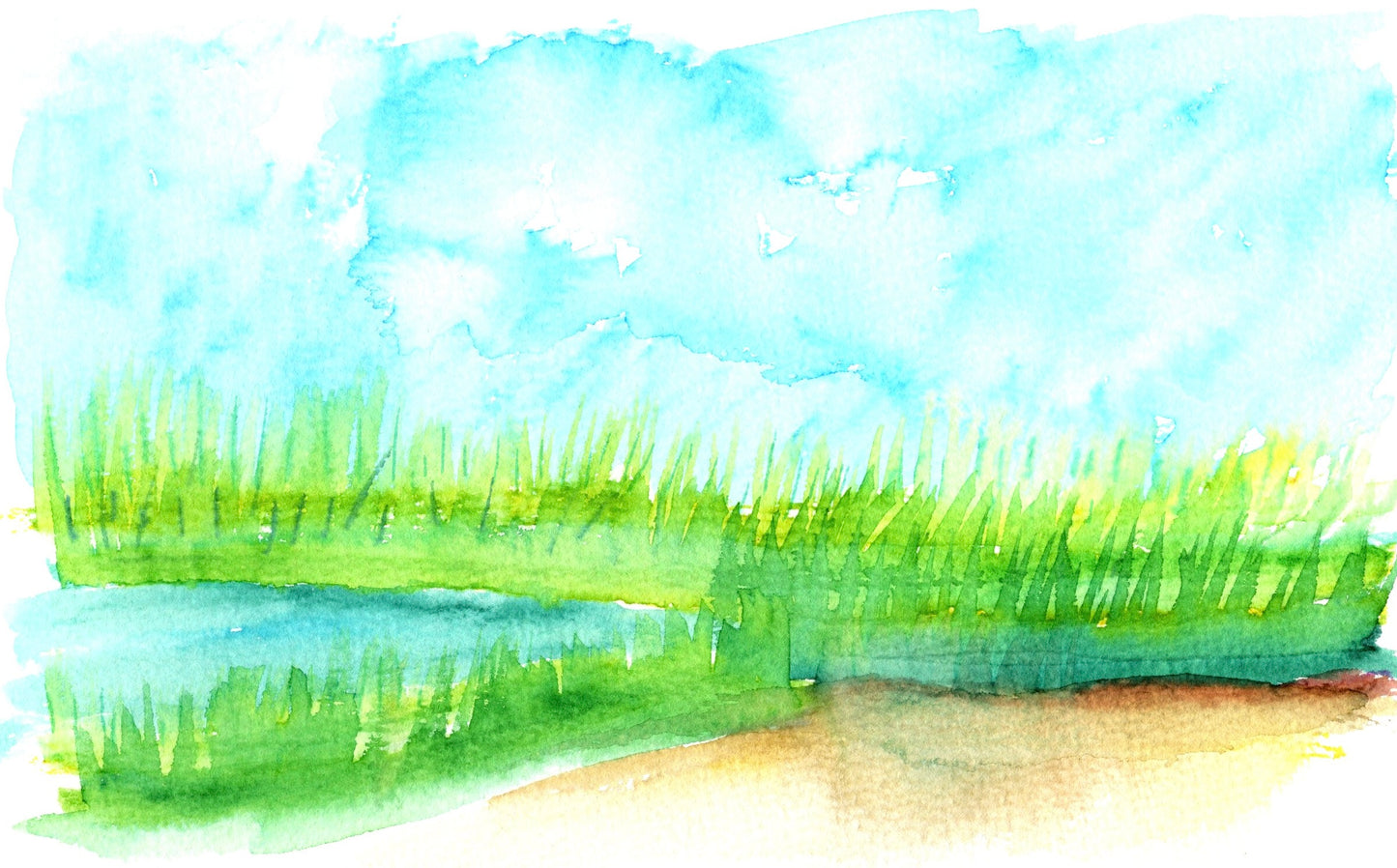 Coastal Marsh Watercolor Painting – Original Seascapew Art Print by Nate ’24 – Beach Horizon Landscape Wall Decor