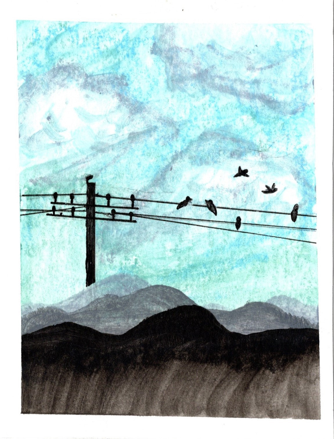Minimalist Birds on a Wire Watercolor Painting – Tranquil Mountain Landscape & Blue Sky Ink Art Print