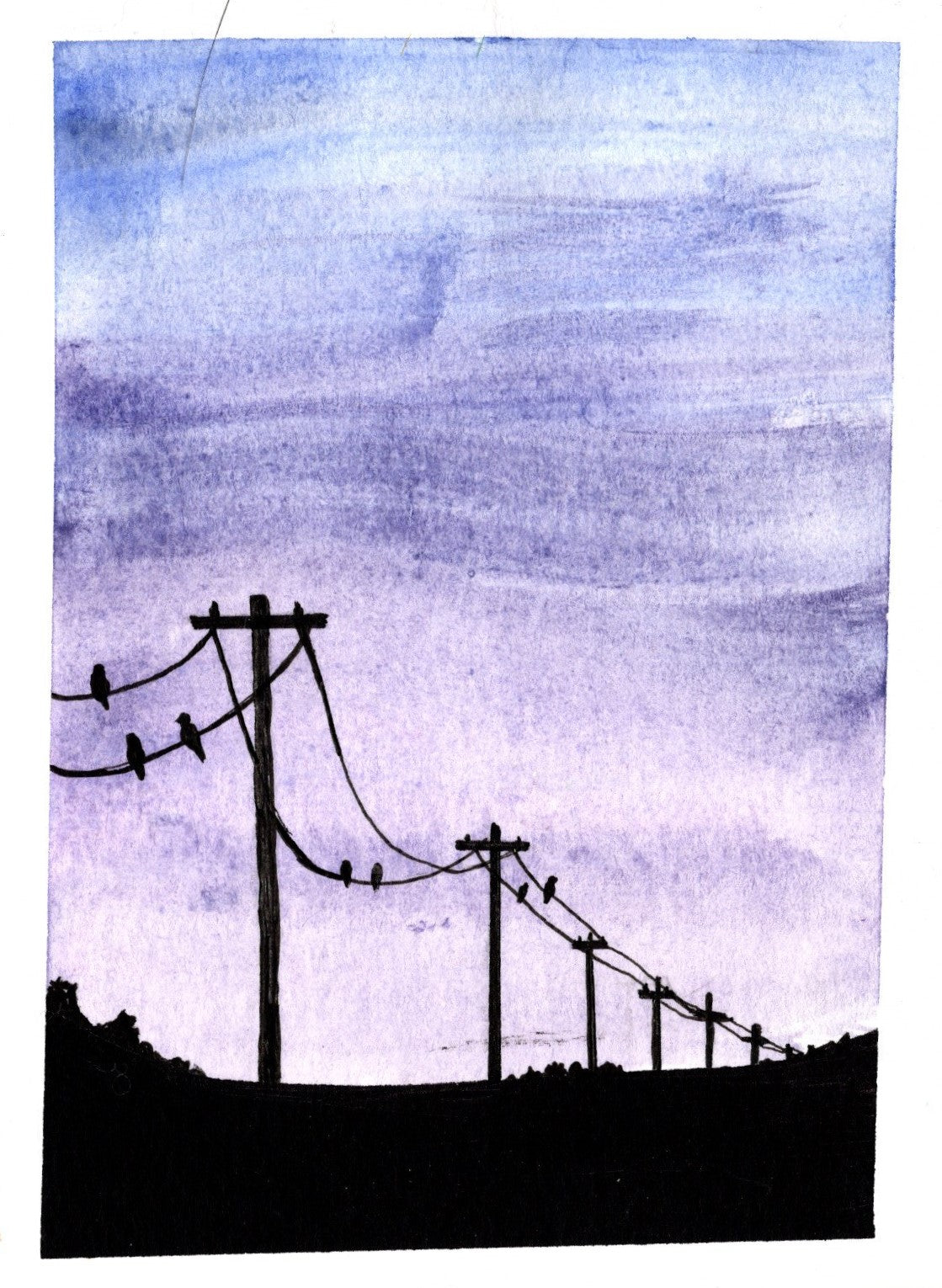 Birds on Wires Watercolor Art Print – Serene Twilight Landscape