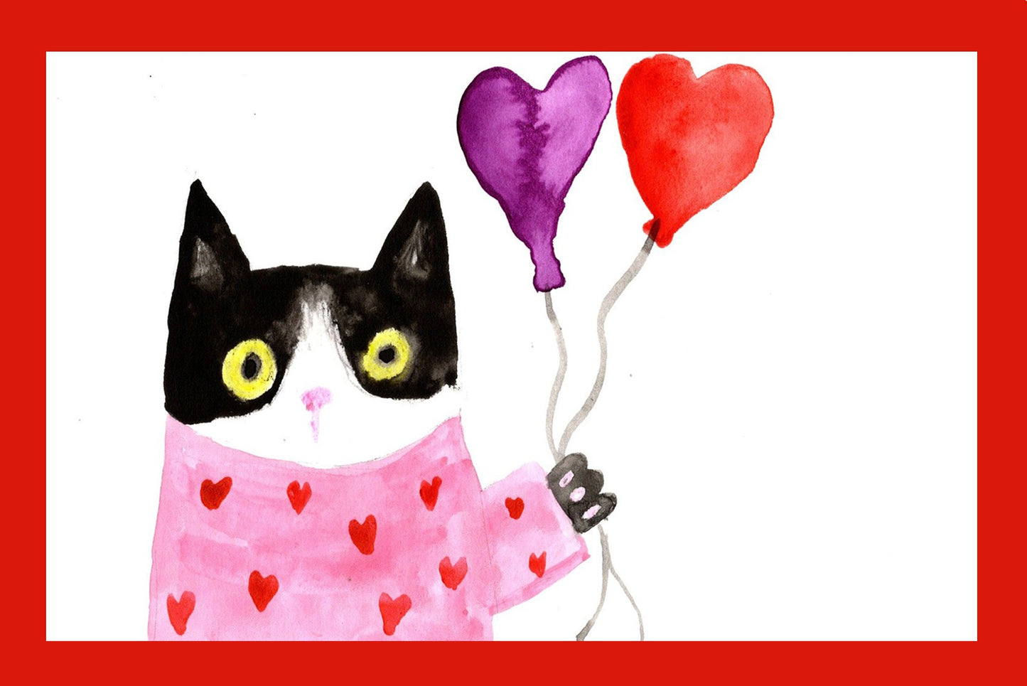Valentine Cat Art Print – Cute Tuxedo Cat with Heart Balloons in Pink Sweater – Whimsical Watercolor Cat Illustration Wall Decor