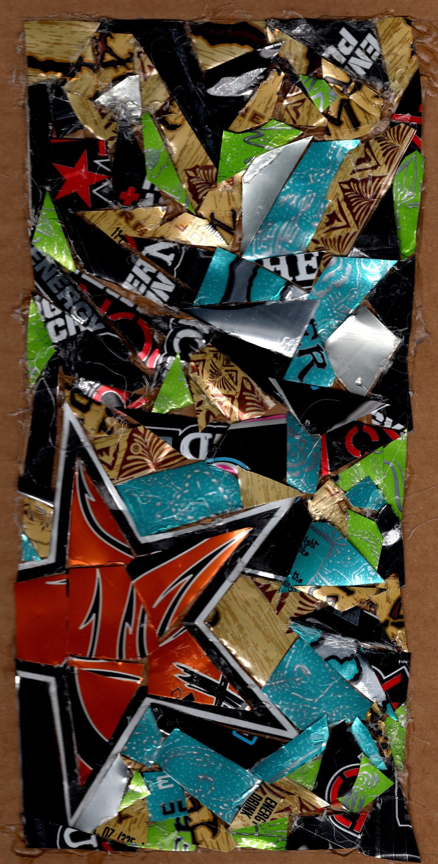 Original Recycled Can Collage Art – One-of-a-Kind Mixed Media Artwork on Cardboard, Urban Pop Abstract Wall Art