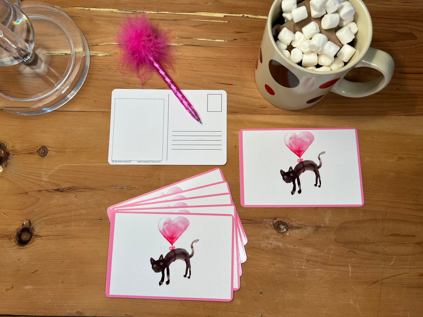 Valentines Postcards Cat with Pink Heart Shaped Balloon