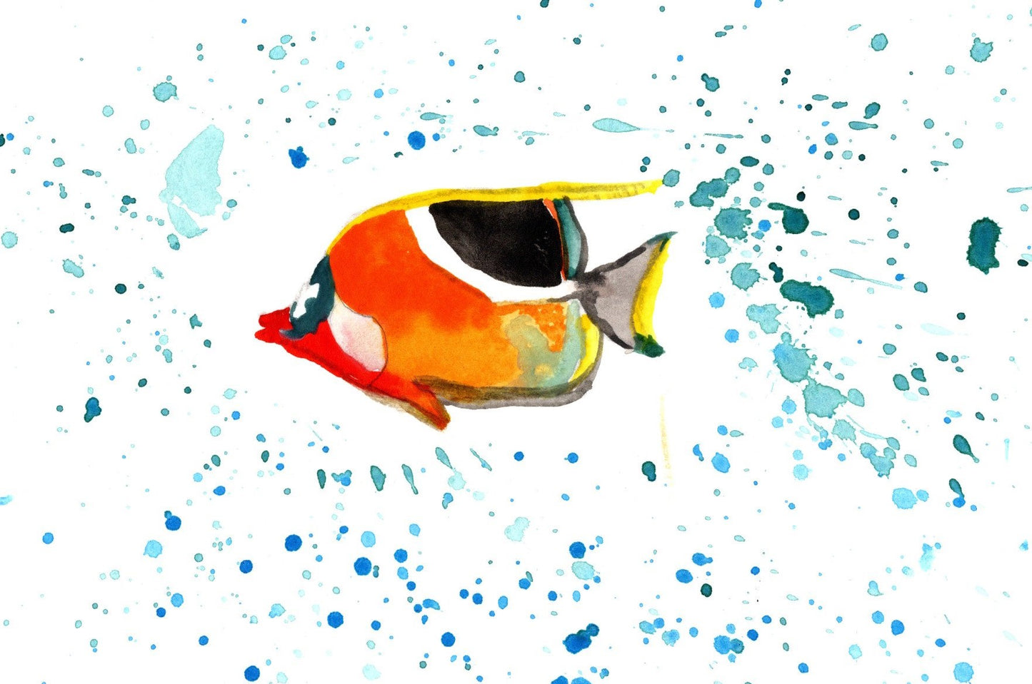 Tropical Fish Watercolor Art Print – Colorful Ocean Fish Painting with Splash Background