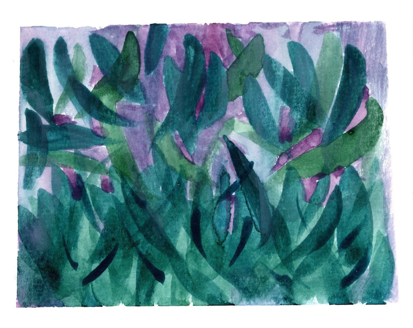 Abstract Botanical Watercolor Art Print – Green & Purple Leaf Design