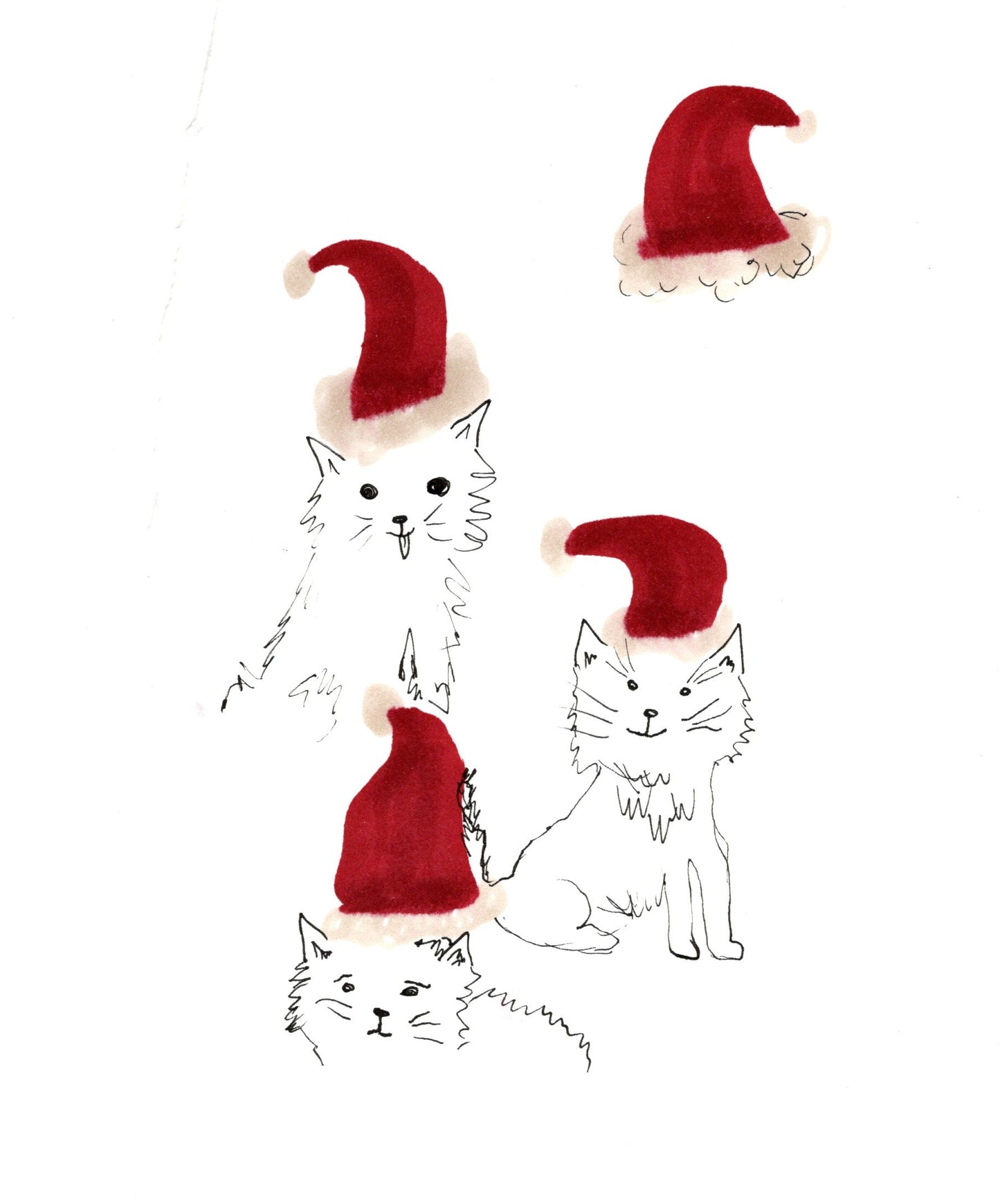 Christmas Cat Art Print – Cute Hand-Drawn Cats in Santa Hats – Funny Holiday Decor, Cat Lover Gift, Whimsical Xmas Wall Art