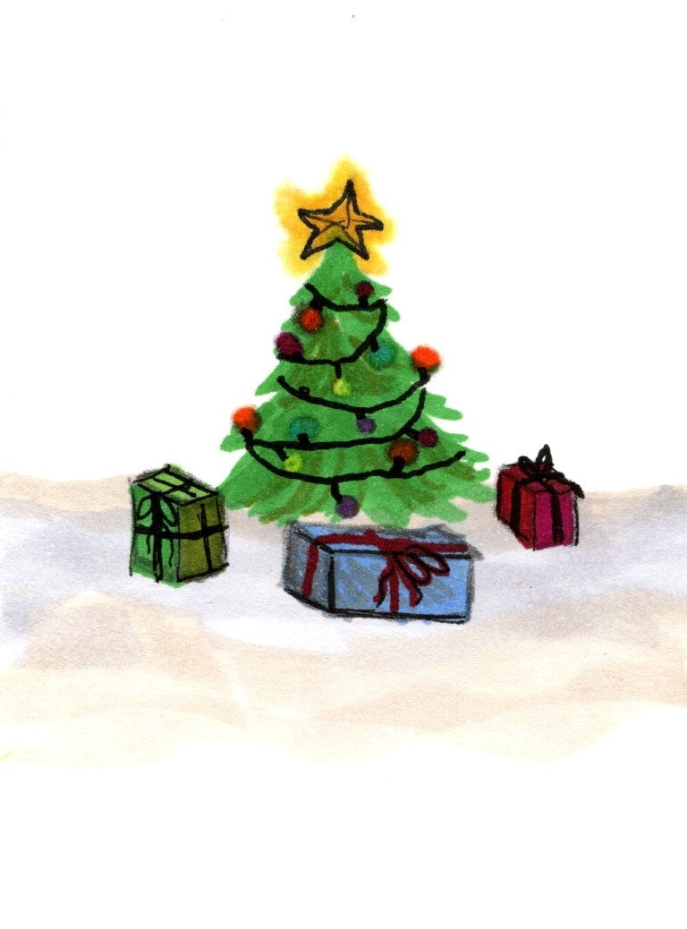 Whimsical Christmas Tree Art Print – Festive Holiday Wall Decor with Gifts, Star Topper & Snow – Hand-Drawn Winter Illustration