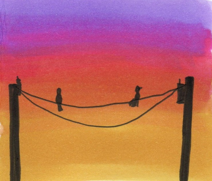 Birds on a Wire Sunset Print – Vibrant Silhouette Wall Art, Purple Orange Sky Decor