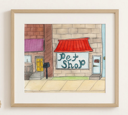 Whimsical Pet Shop Watercolor Print – Hand-Painted City Street Art, Colorful Storefront Illustration, Urban Animal Lover Gift