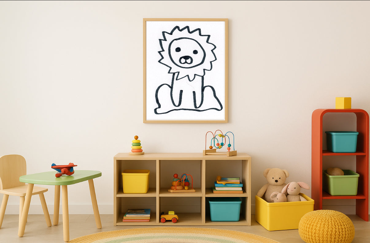 Cute Lion Drawing Print | Minimalist Animal Wall Art | Black and White Nursery Decor | Woodland Safari Illustration