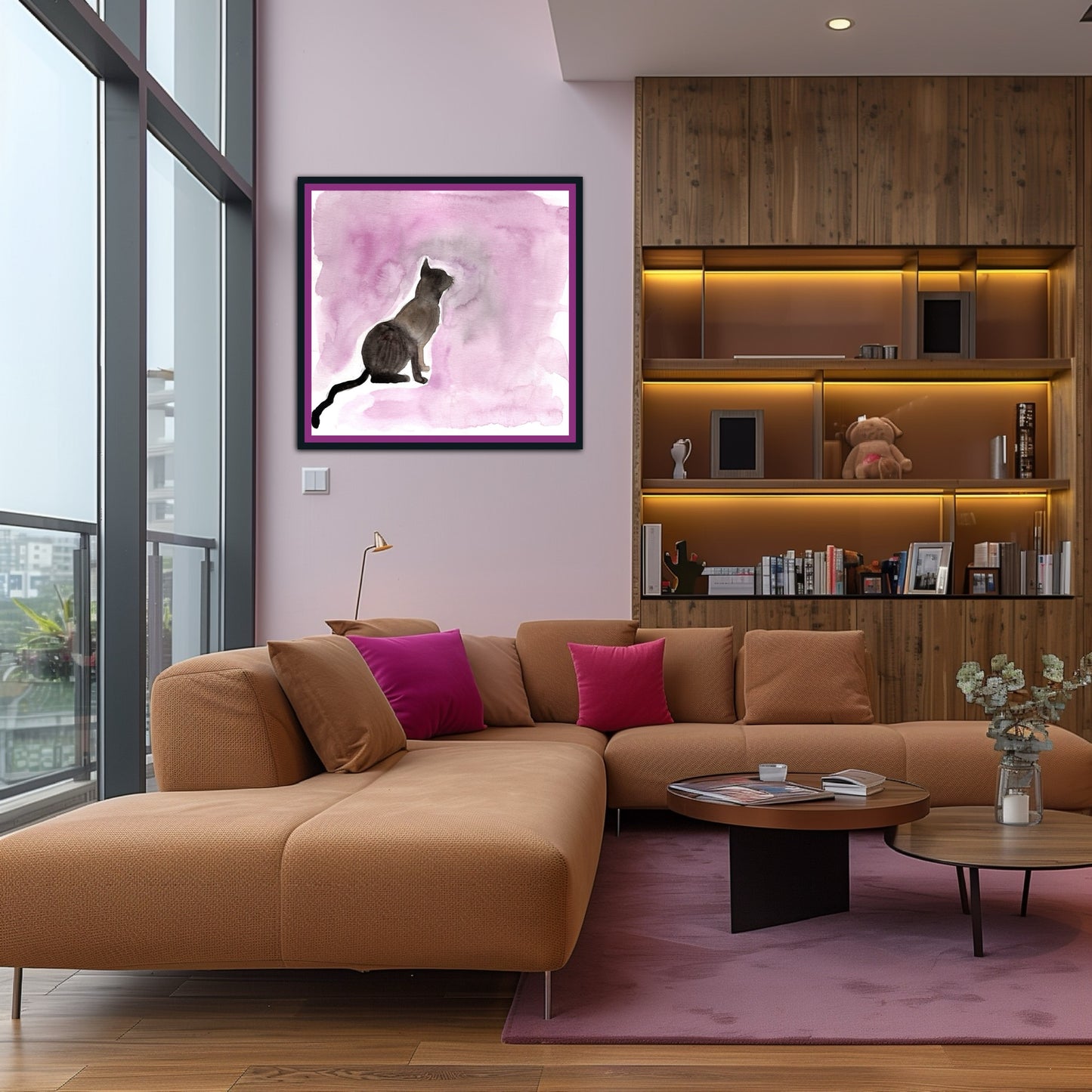 Watercolor Cat Silhouette Art Print – Minimalist Black Cat on Soft Pink