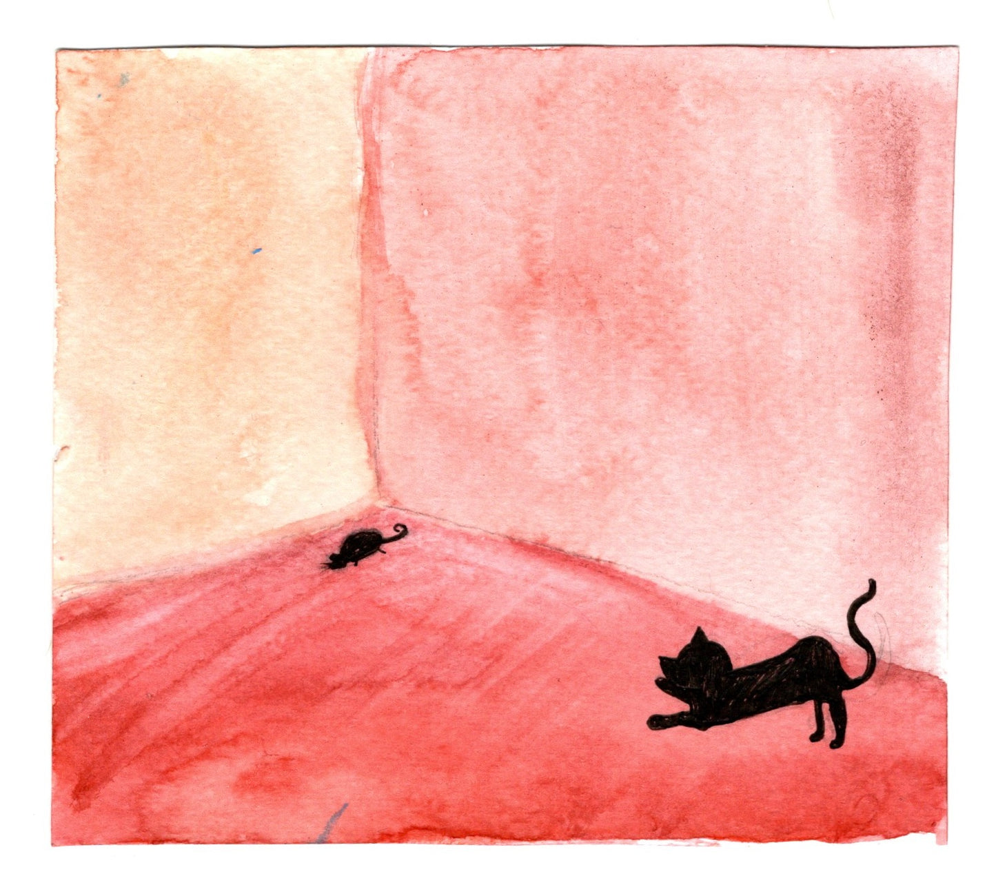 Whimsical Cat and Mouse Watercolor Print – Minimalist Red Room Art