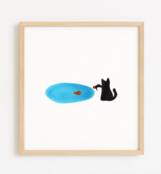 Minimalist Cat and Fish Art Print – Cute Black Cat Illustration – Whimsical Animal Wall Art – Funny Cat Lover Gift – Kids Room Decor