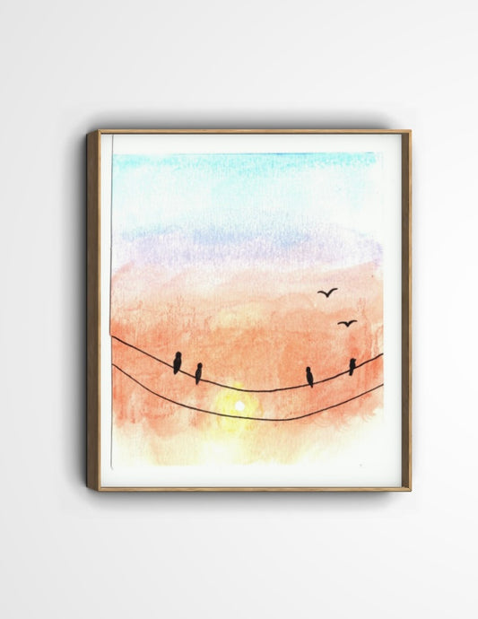 Sunset Birds on a Wire – Watercolor Art Print