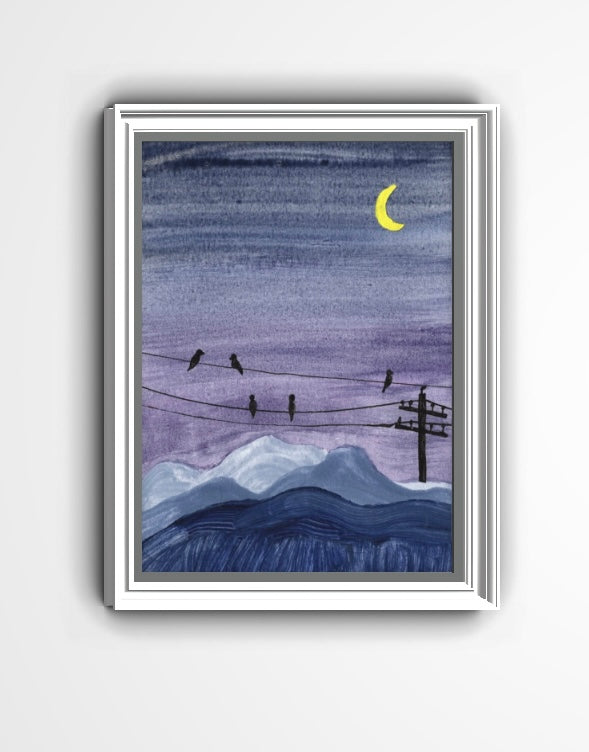 Night Birds on Wires Watercolor Print – Moonlit Mountain Landscape Wall Art