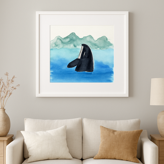Orca Watercolor Art Print – Whale Breaching in Ocean Scene with Mountains