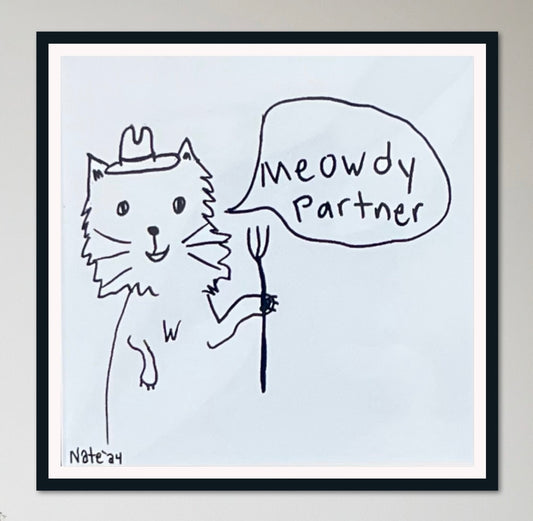 Cowboy Cat Line Art Print – Funny Western Cat Drawing, “Meowdy Partner” Wall Decor
