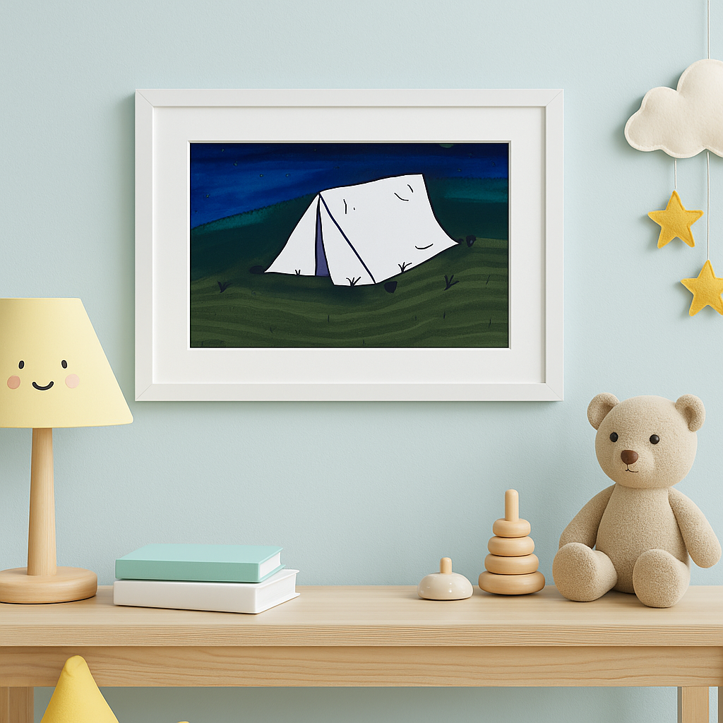 Cozy Night Camp – Whimsical Tent Illustration