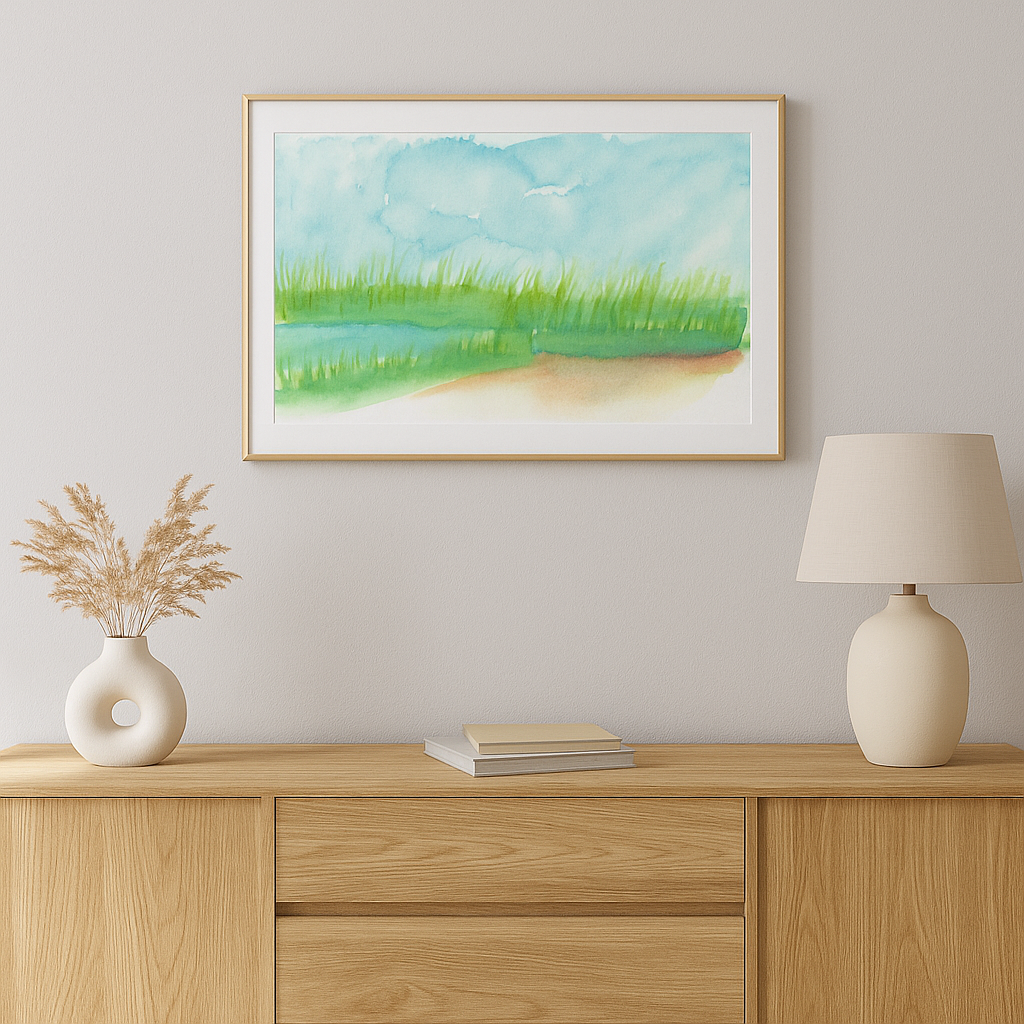 Coastal Marsh Watercolor Painting – Original Seascapew Art Print by Nate ’24 – Beach Horizon Landscape Wall Decor