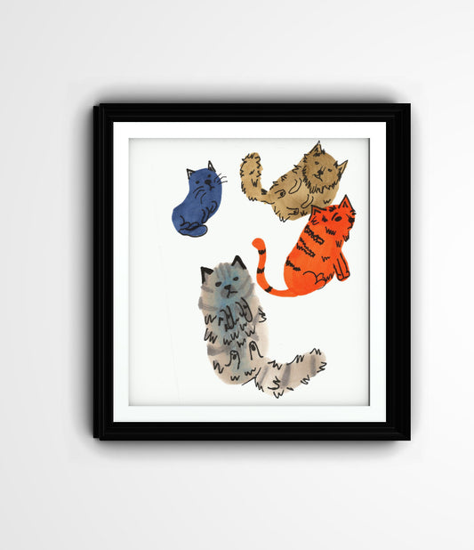 Whimsical Hand-Drawn Cat Art Print – Colorful Watercolor Cat Illustration for Cat Lovers