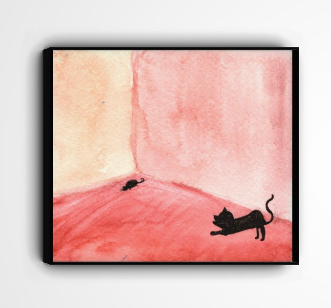 Whimsical Cat and Mouse Watercolor Print – Minimalist Red Room Art