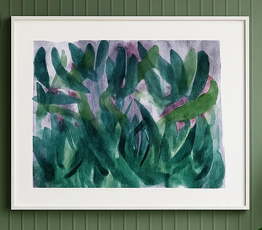Abstract Botanical Watercolor Art Print – Green & Purple Leaf Design