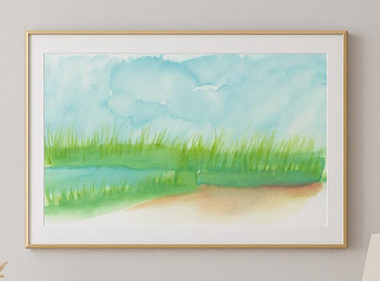 Coastal Marsh Watercolor Painting – Original Seascapew Art Print by Nate ’24 – Beach Horizon Landscape Wall Decor