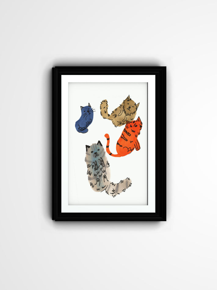 Whimsical Hand-Drawn Cat Art Print – Colorful Watercolor Cat Illustration for Cat Lovers