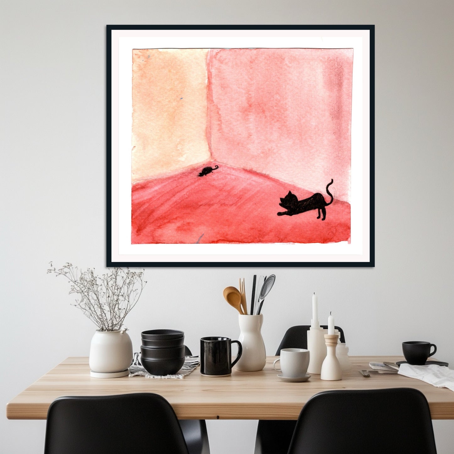 Whimsical Cat and Mouse Watercolor Print – Minimalist Red Room Art