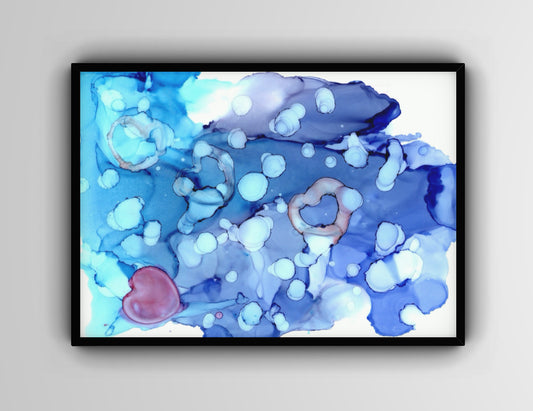 Blue Abstract Fluid Art Print – Heart-Themed Alcohol Ink Painting for Calm & Love