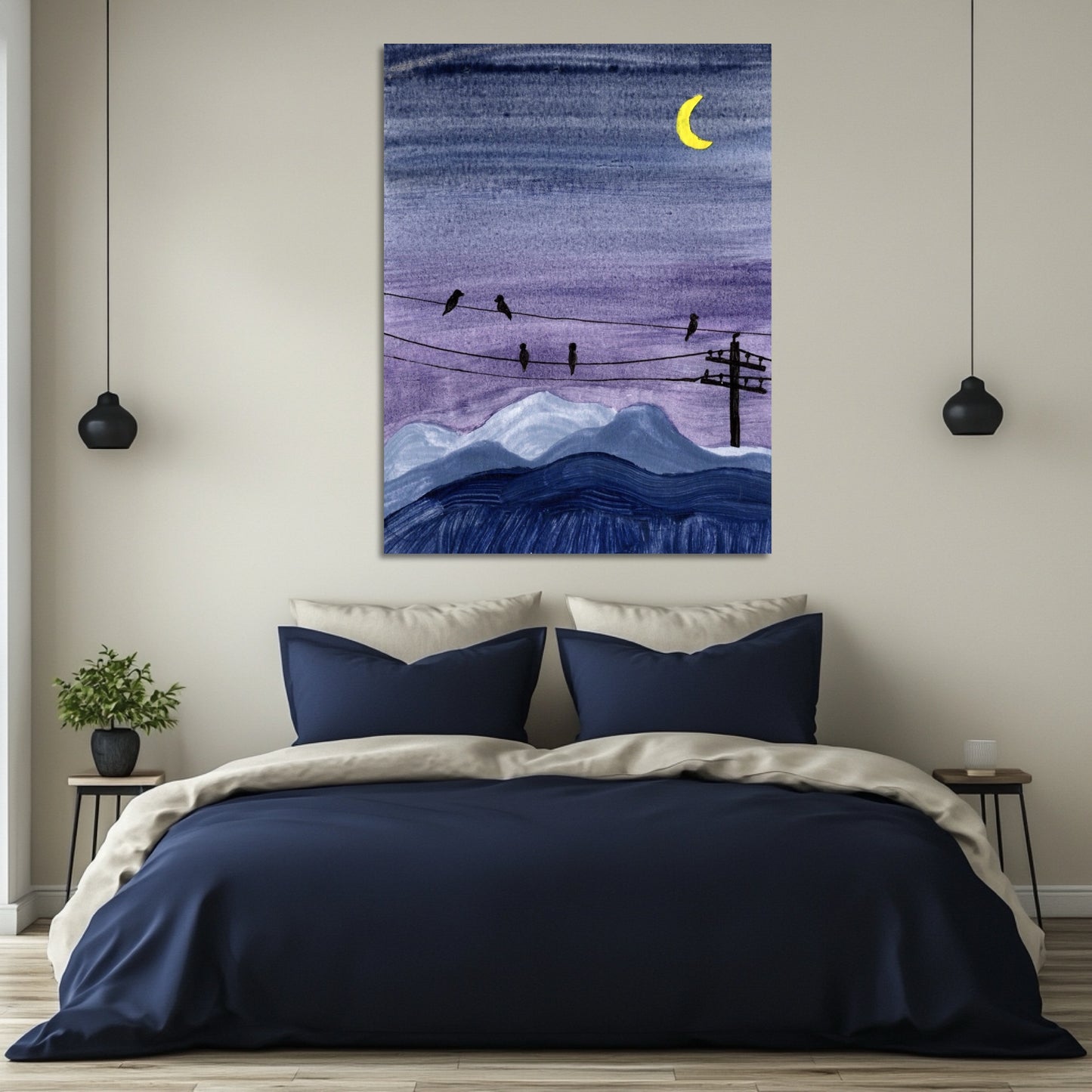Night Birds on Wires Watercolor Print – Moonlit Mountain Landscape Wall Art