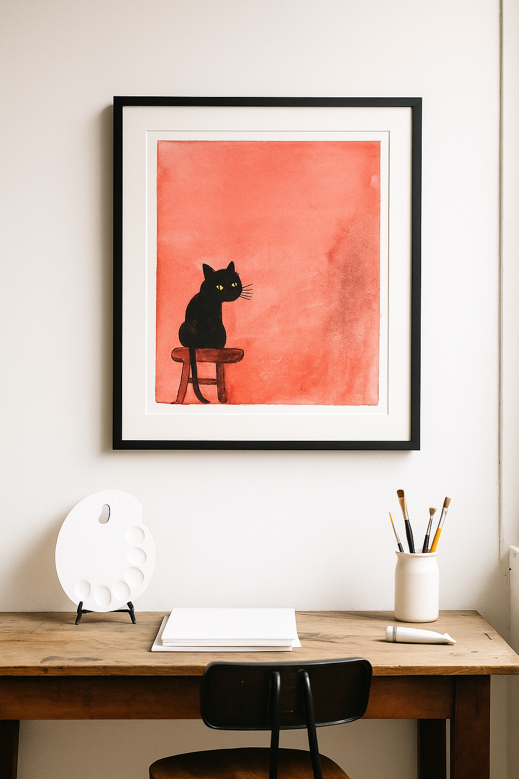 Black Cat on Stool Watercolor Art Print – Whimsical Minimalist Cat Painting, Salmon Background, Cat Lover Wall Decor