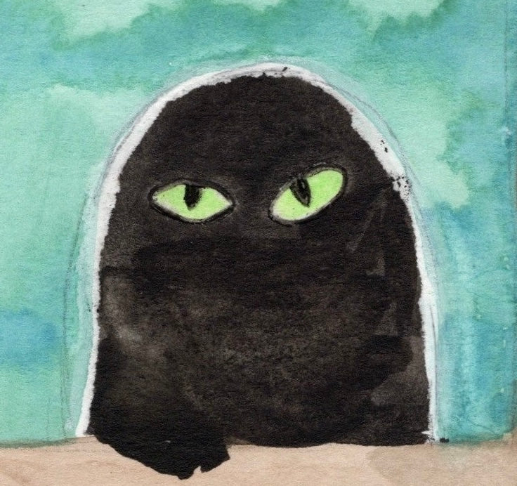 Mystery Black Cat Art Print – Green Eyes Cat Watercolor Print – Whimsical Feline Wall Decor – Cat Lover Gift – Spooky Cat Poster
