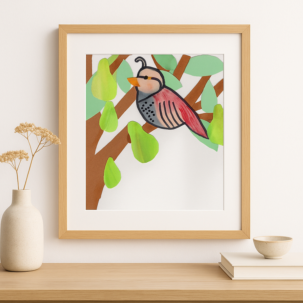 Partridge in a Pear Tree Art Print – Handmade Bird Collage – Holiday Wall Decor – Nursery Illustration – Nature-Inspired Gift