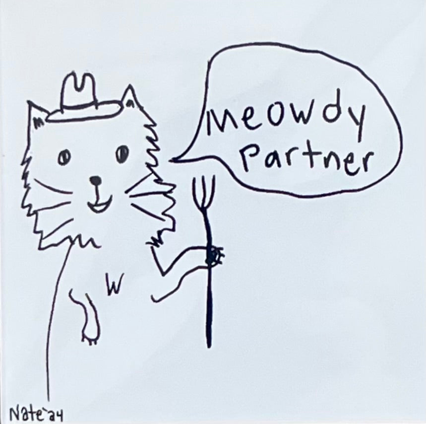 Cowboy Cat Line Art Print – Funny Western Cat Drawing, “Meowdy Partner” Wall Decor