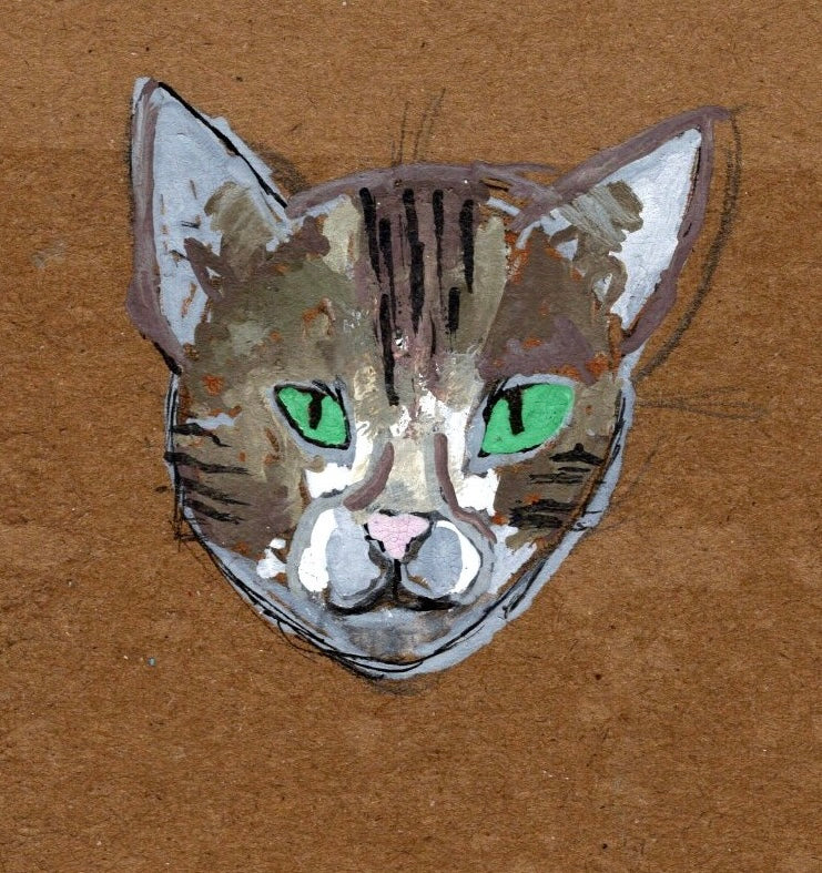 Cat Art Print – Tabby Cat with Green Eyes – Whimsical Feline Portrait – Paint Marker & Gouache – Kraft Paper Look – Cat Wall Decor