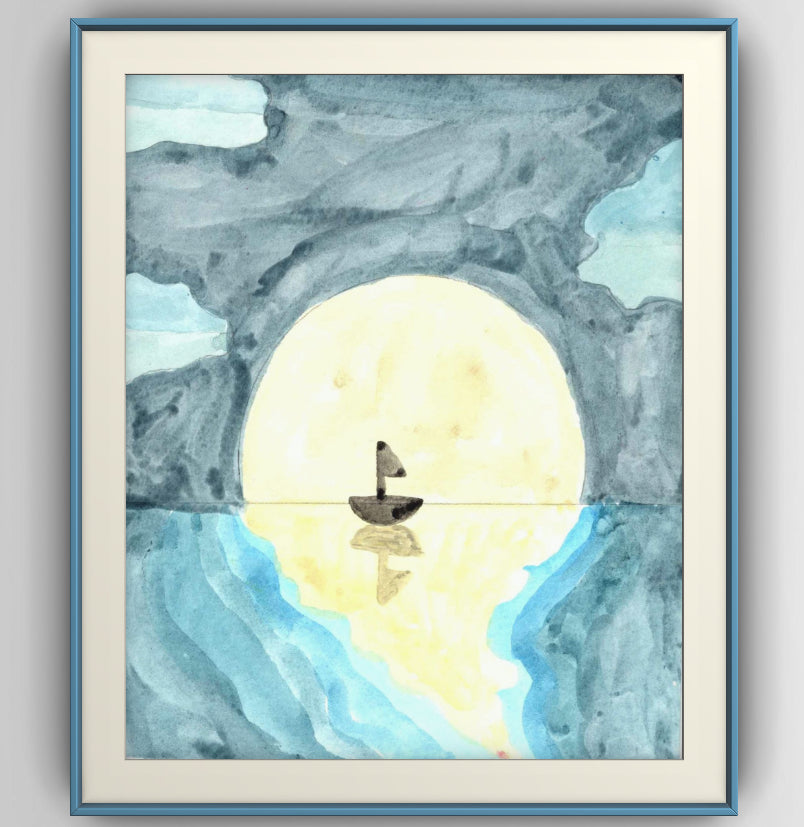Moonlight Sailboat Watercolor Print – Minimalist Nautical Wall Art, Peaceful Ocean Night Scene