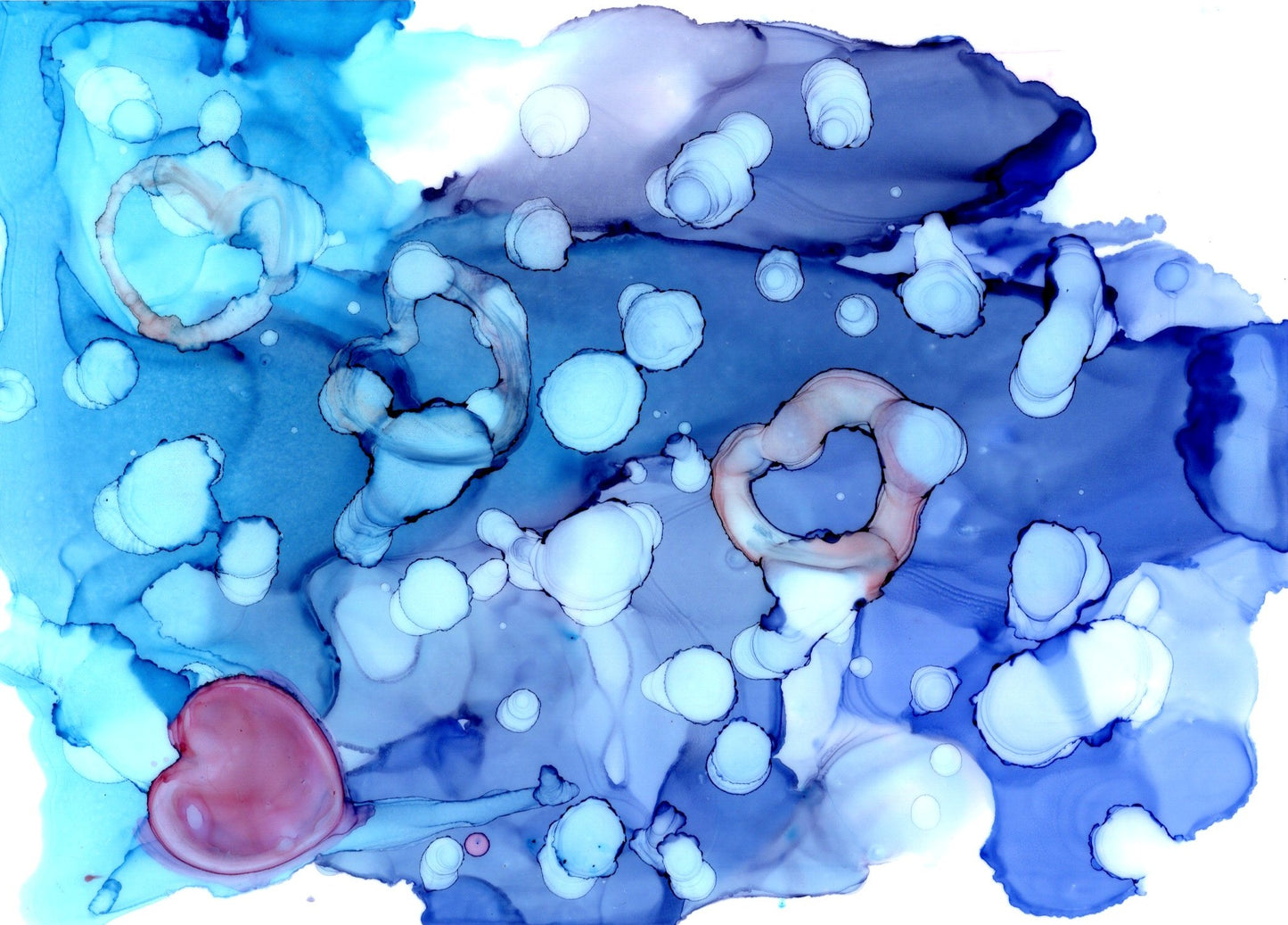 Blue Abstract Fluid Art Print – Heart-Themed Alcohol Ink Painting for Calm & Love