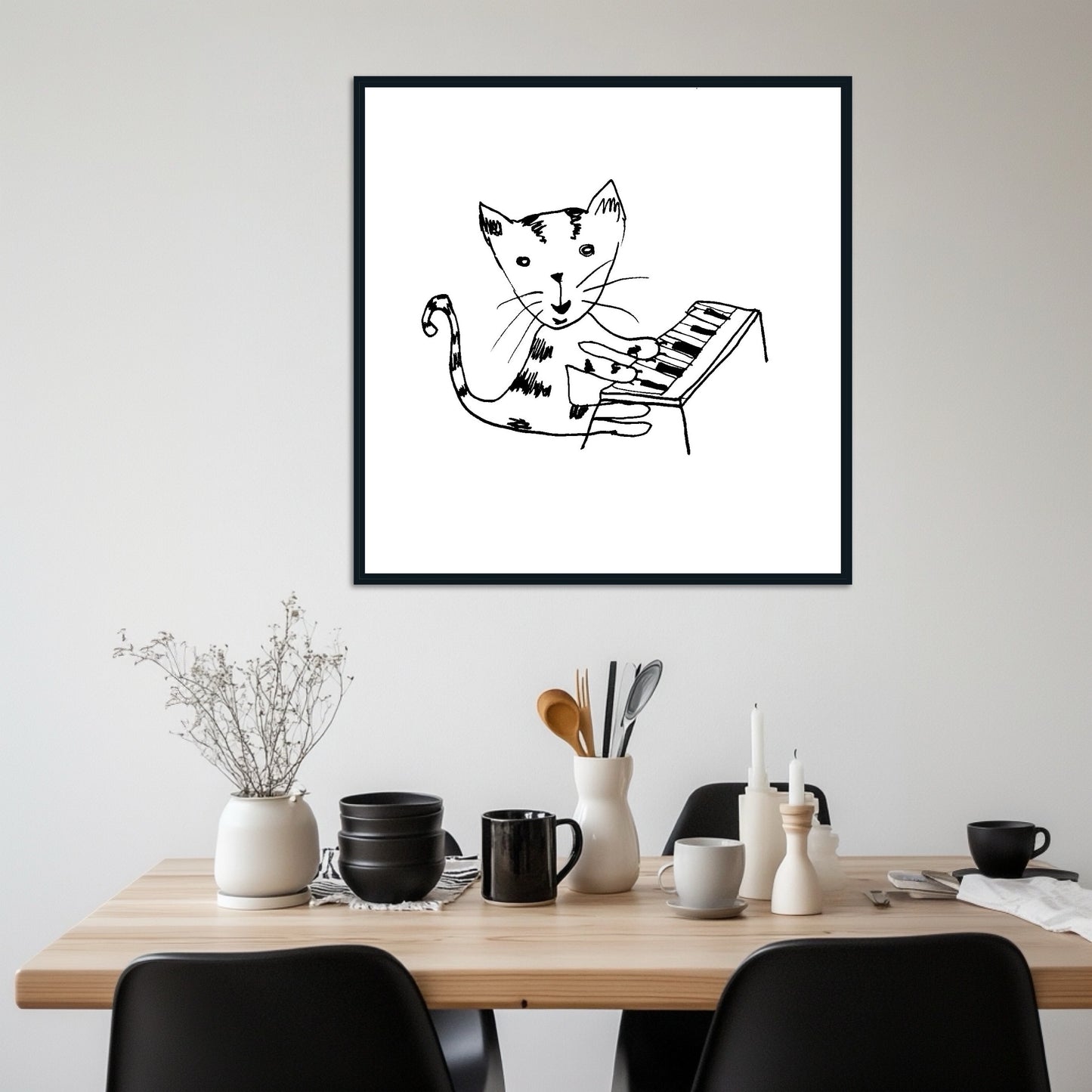 Piano Cat - Funny Cat Playing Piano Art – Hand-Drawn Music Cat Print, Minimalist Line Art for Music and Cat Lovers