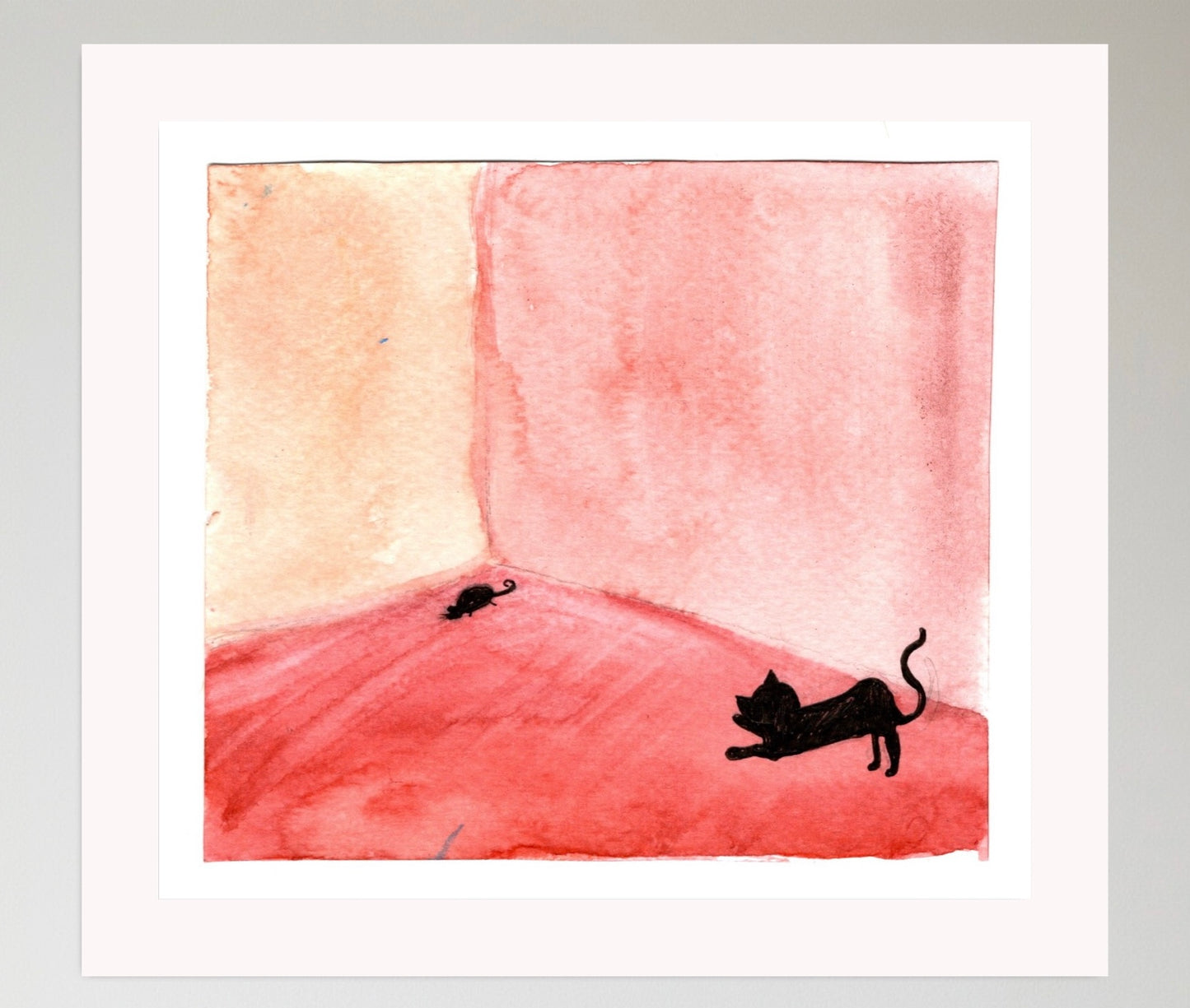 Whimsical Cat and Mouse Watercolor Print – Minimalist Red Room Art