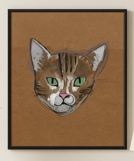 Cat Art Print – Tabby Cat with Green Eyes – Whimsical Feline Portrait – Paint Marker & Gouache – Kraft Paper Look – Cat Wall Decor