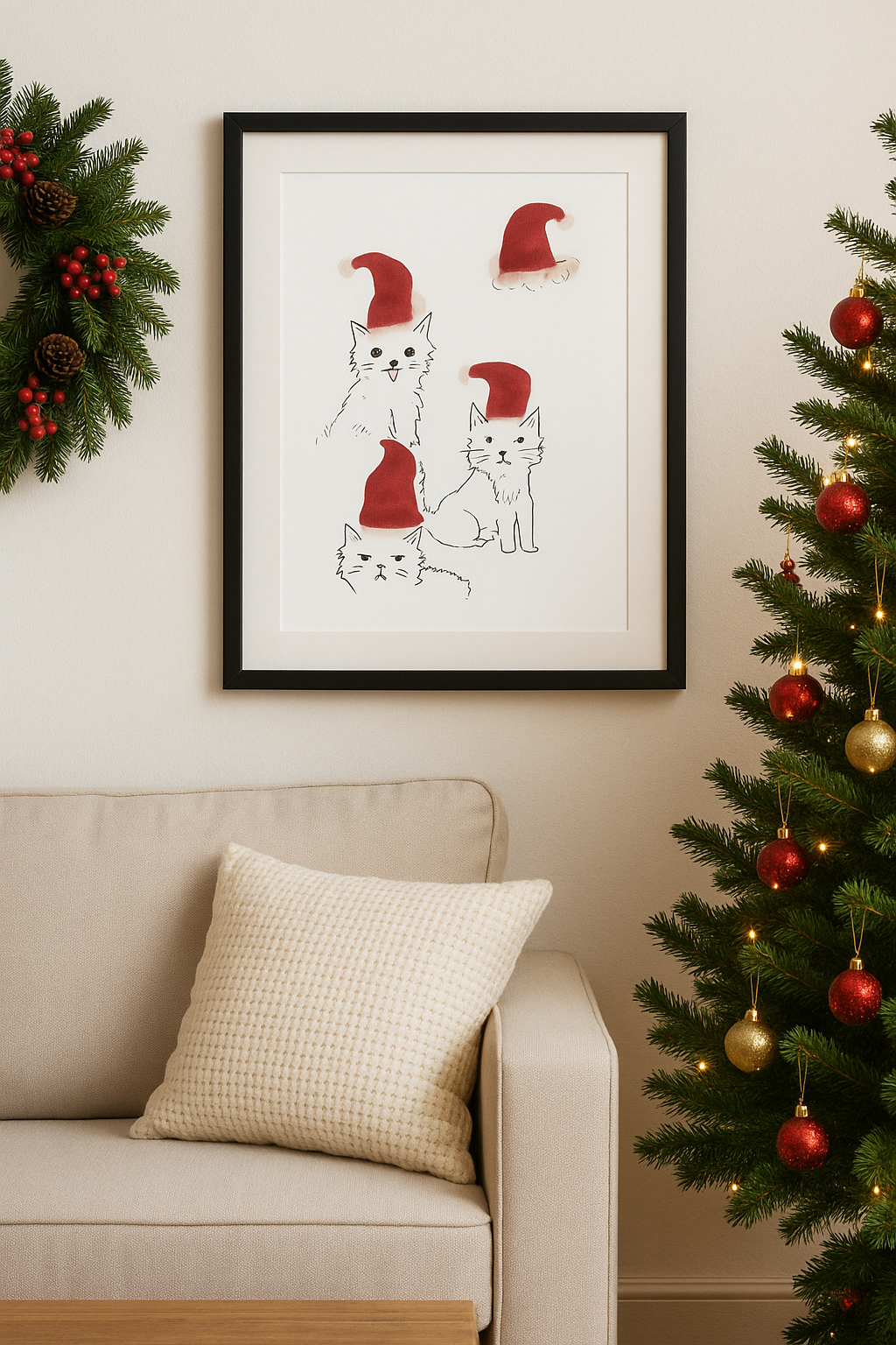 Christmas Cat Art Print – Cute Hand-Drawn Cats in Santa Hats – Funny Holiday Decor, Cat Lover Gift, Whimsical Xmas Wall Art