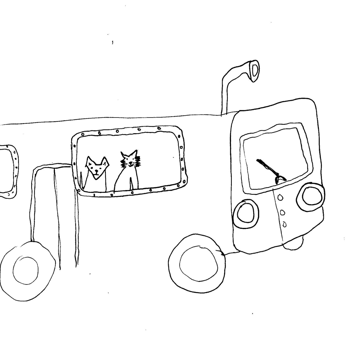 Whimsical Cat Bus Art Print – Quirky Hand-Drawn Cat Illustration, Minimalist Line Art, Animal Lovers Wall Decor