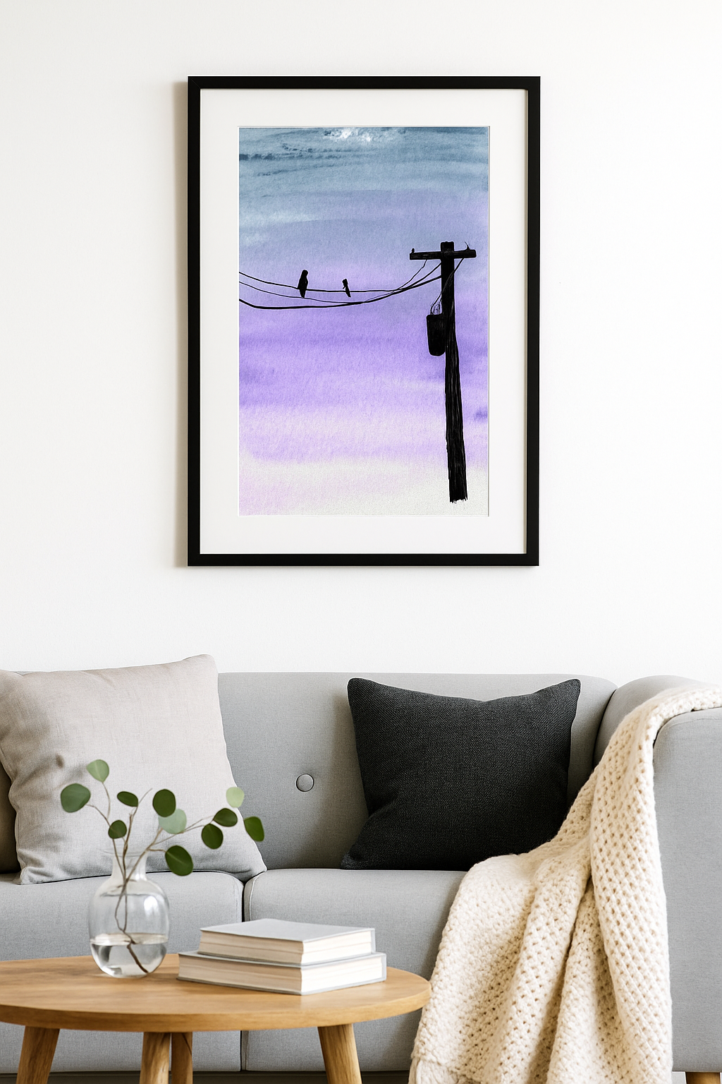 Birds on a Wire Watercolor Print – Minimalist Twilight Wall Art, Peaceful Purple Sky