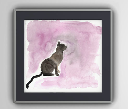 Watercolor Cat Silhouette Art Print – Minimalist Black Cat on Soft Pink