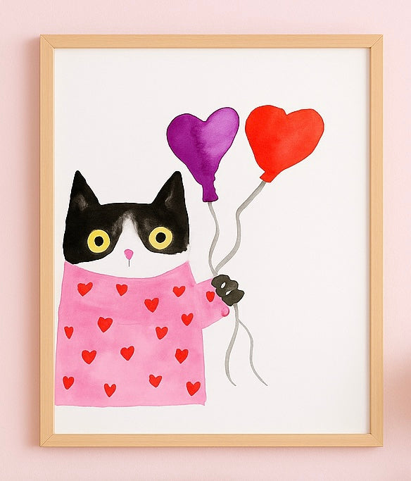 Valentine Cat Art Print – Cute Tuxedo Cat with Heart Balloons in Pink Sweater – Whimsical Watercolor Cat Illustration Wall Decor